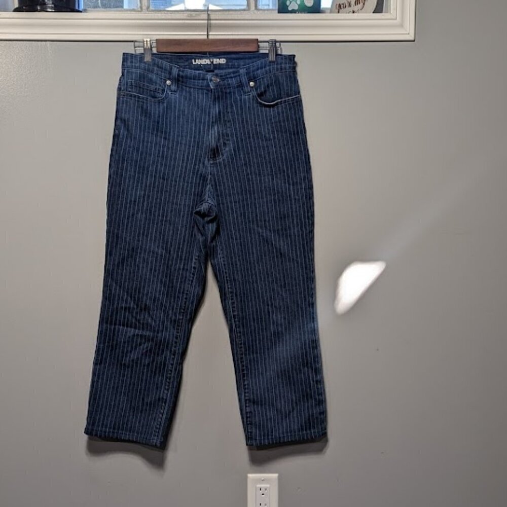 Lands' End Jeans Women's 10 Blue Pinstripe Dark Straight Leg Denim Pants